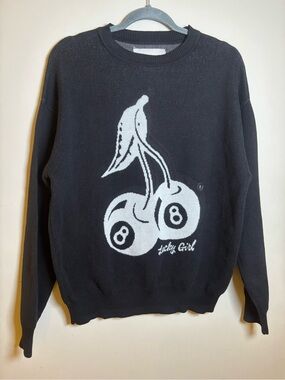 PacSun Black Crewneck Sweater with White Cherry Eight-Ball Graphic